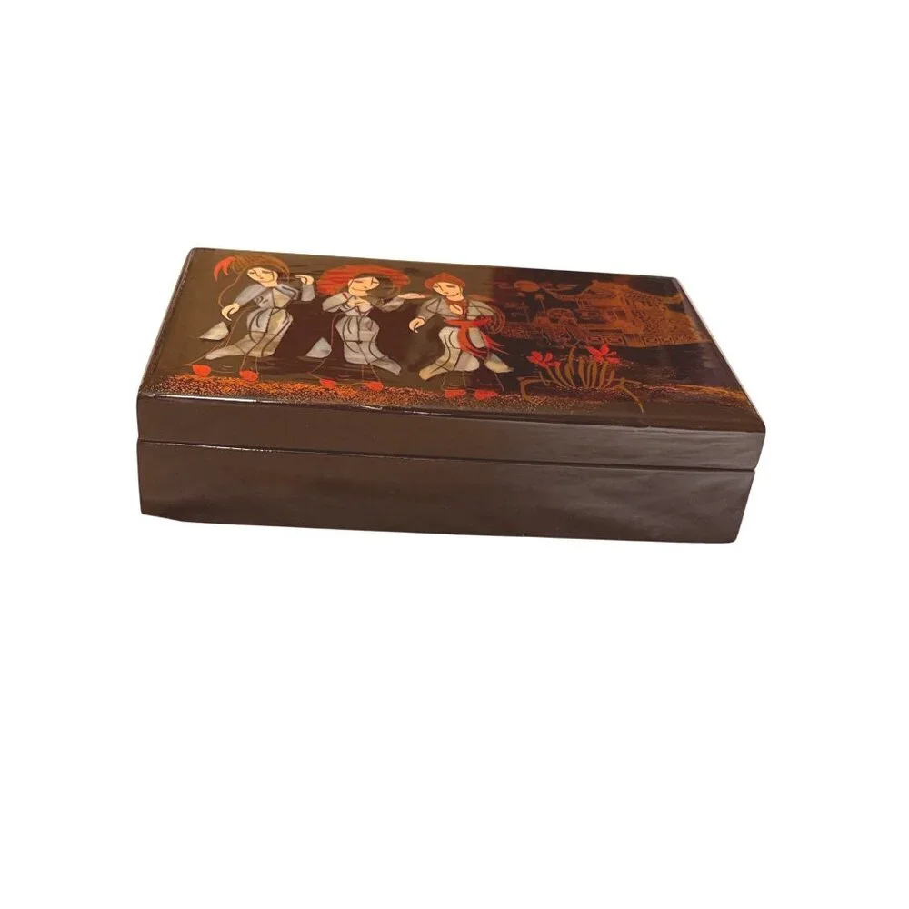 Japanese Black Lacquer Jewelry Box With Mother Of Pearl Inlay & Red Velvet Inter